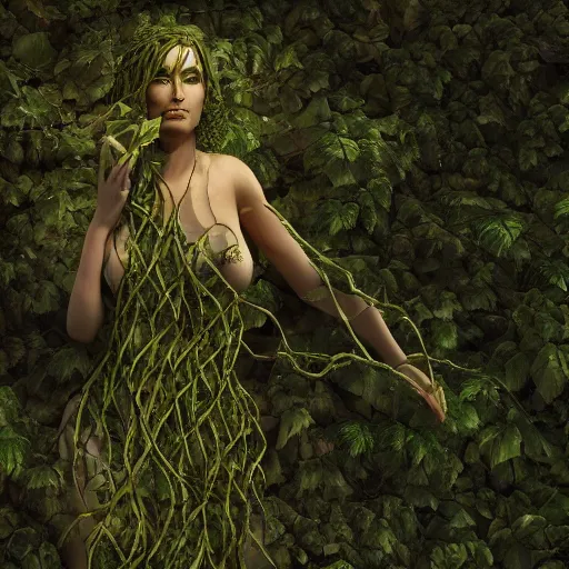 Image similar to a giant lady made of vines and leaves Dramatic Lighting, Trending on Artstation HQ, 4K, UHD.