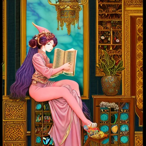 Image similar to a detailed fantasy pastel portrait of a woman wizard in ornate clothing lounging on a purpur pillow on the marble floor in front of her bookcase in a room, reading an ancient tome. to the side is a potted plant, moody light. ancient retrofuturistic setting. 4 k key art. raytracing, perspective, by chie yoshii and yoshitaka amano.