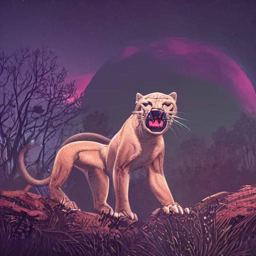 Image similar to a panther roaring at the moon in a forest during the night, large moon in the center. high quality. artistic. illustration. 4 k. cinematic. photoreal. highly detailed. dramatic. dark colors. night.