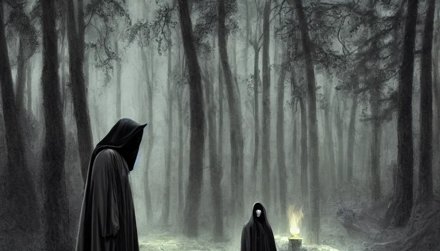 Prompt: portrait of a man in a long flowing hooded cloak and a skull mask on a path of a dark forest, ray traced lighting by Gerald Brom and Norman Rockwell