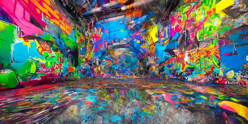 Image similar to cinematic view from inside the realm full of colorful 3 d graffiti, ultra realistic, extremely high definition, highly detailed and intricate masterpiece