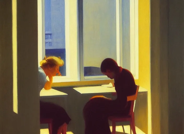 Image similar to two people in a hotel room in afternoon light, oil painting by edward hopper