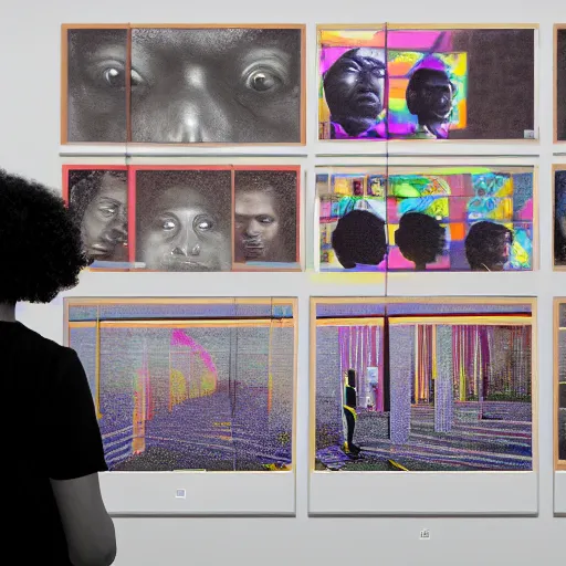 Image similar to art curator looking at a screen with a chat interface, recursive, in the style of grand chamaco and stanley kubrick, inspired by kendrick lamar, photorealistic, epic, super technical, cinematic still