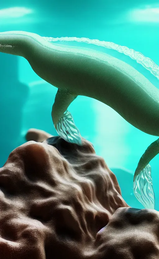 Image similar to humanoid sea lizard made of white translucent gelatin, under water, cinematic render, octane renderer