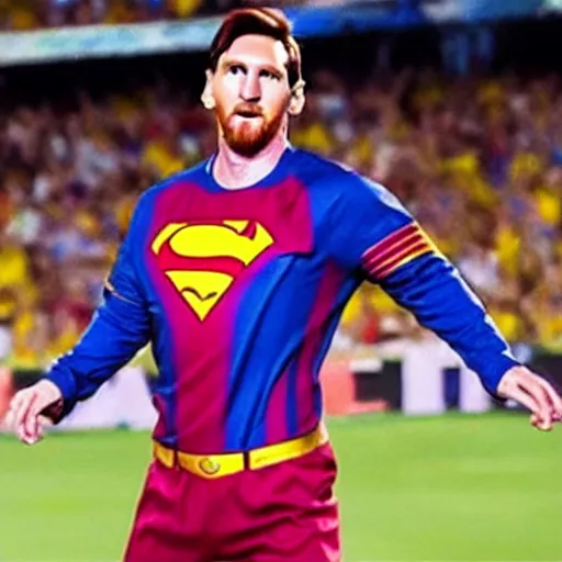 Prompt: a still of Messi as Superman