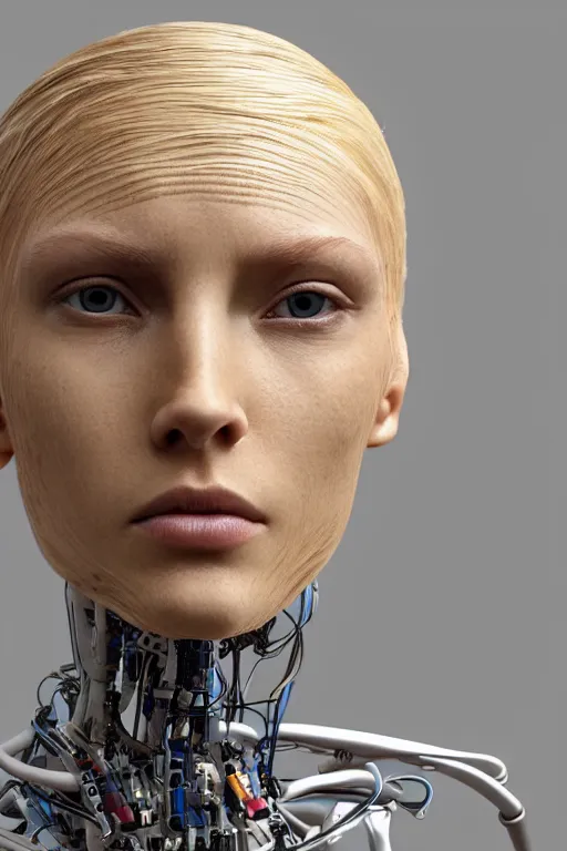 Prompt: robot with human face, female head, bust, woman human face, human face realistic, human head, human head with blonde hair, blonde hair human head, blonde hair, human realistic face, human head skin, cyborg frame concept, cyborg by ales-kotnik, sci-fi android female, the body is made of wires, robotic body, cyborg body, cyborg bust body, robot body cyborg