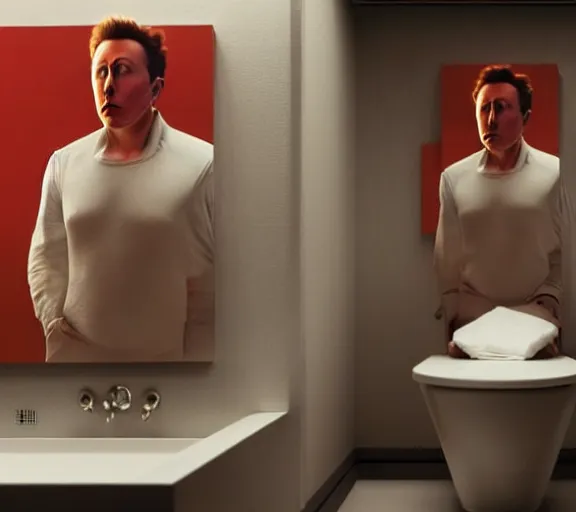 Image similar to hyperrealism aesthetic ridley scott and denis villeneuve style photography of a detailed hyperrealism elon musk, siting on a detailed hyperrealism toilet and scrolling his detailed smartphone in hyperrealism scene from detailed art house movie in style of alejandro jodorowsky and wes anderson volumetric ambient light