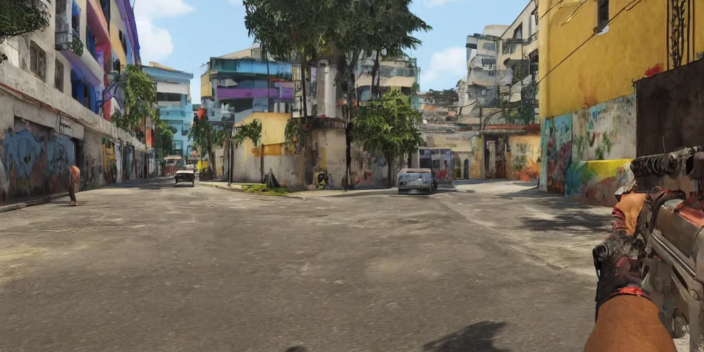 Image similar to zona 1 in guatemala city if it was a game like grand theft auto v first person view, with realistic visuals and award winning gameplay, graffitis