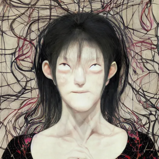 Image similar to yoshitaka amano blurred and dreamy realistic portrait of a woman with black eyes and white hair wearing dress suit with tie, junji ito abstract patterns in the background, satoshi kon anime, noisy film grain effect, highly detailed, renaissance oil painting, weird portrait angle, blurred lost edges, three quarter view