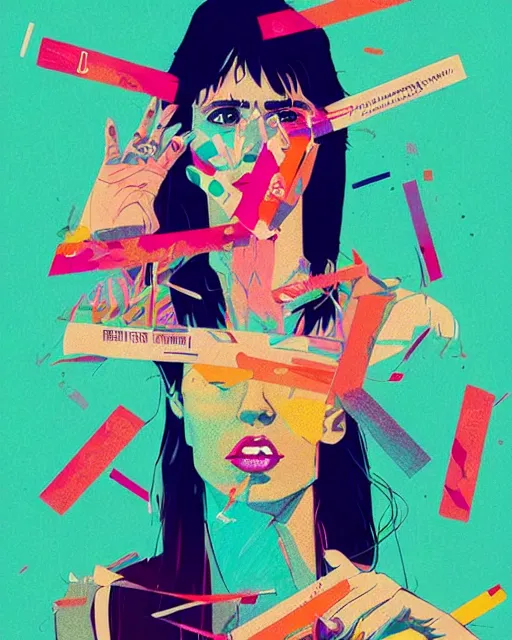 Image similar to an ultradetailed beautiful concert poster of a stylish woman with colorful band aids, retro, conrad roset, greg rutkowski, flume cover art, 8 0 s