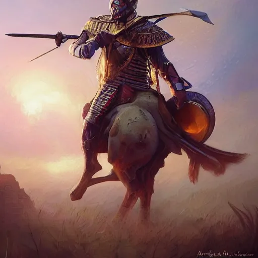 Image similar to clear portrait of moroccan warrior, adorable appearance!!!, golden hour, happy apearance, cottagecore!!, background hyper detailed, character concept, full body, dynamic pose, intricate, elegant, highly detailed, digital painting, artstation, concept art, smooth, sharp focus, illustration, art by artgerm and greg rutkowski and alphonse mucha