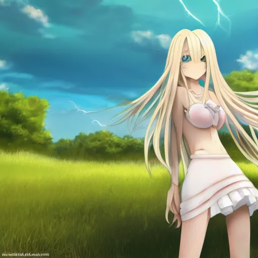 Image similar to a very beautiful anime cute girl, extremely long blond hair reaching the ground, full body, long wavy blond hair, sky blue eyes, full round face, short smile, fancy top, miniskirt, front view, summer lake setting, cinematic lightning, medium shot, mid-shot, highly detailed, trending on Artstation, Unreal Engine 4k, cinematic wallpaper by Stanley Artgerm Lau, WLOP, Rossdraws, James Jean, Andrei Riabovitchev, Marc Simonetti, and Sakimichan