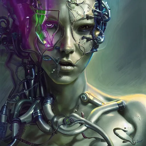 Prompt: medusa as a cybernetic being by raymond swanland, highly detailed, bright tones