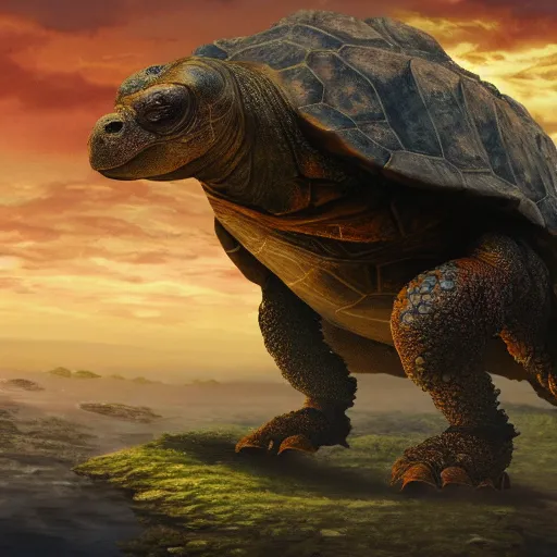 Image similar to giant tortoise with a large fantasy castle rising from the top of it, distant shot birds eye view, fantasy, hyper detailed, 4 k, howls moving castle, mortal engines, kaiju,