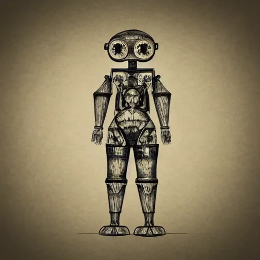 Image similar to technical drawing of ancient womanized humanoid robot, symmetrical, anatomically correct, old historical photo, ancient paper, photorealistic