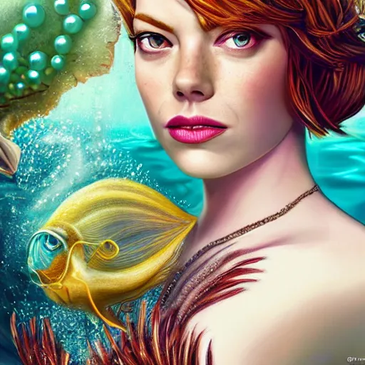 Prompt: emma stone portrait, fantasy, mermaid, hyperrealistic, game character, underwater, highly detailed, sharp focus, cinematic lighting, pearls, glowing hair, shells, gills, crown, water, highlights, starfish, jewelry, realistic, digital art, pastel, magic, fiction, ocean, king, colorful hair, sparkly eyes, fish, heroic, god, waves, bubbles