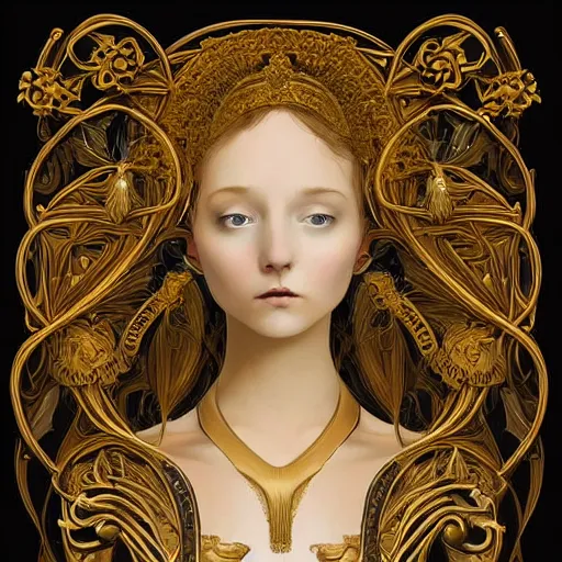 Image similar to a beautiful girl made of ivory and gold, highly intricate, digital art, very detailed, in the style of a weird and dark eerie liminal art nouveau flemish painting