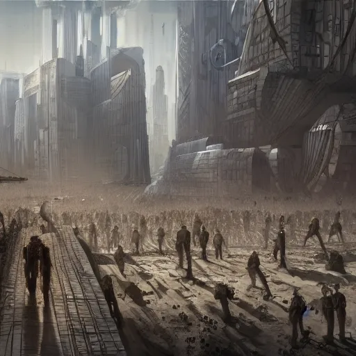 Prompt: a dystopian earth when humans are ruled by a large pointing finger and there are rows of people in shackles going to office jobs, by james gurney, 8k, artstation, artstation