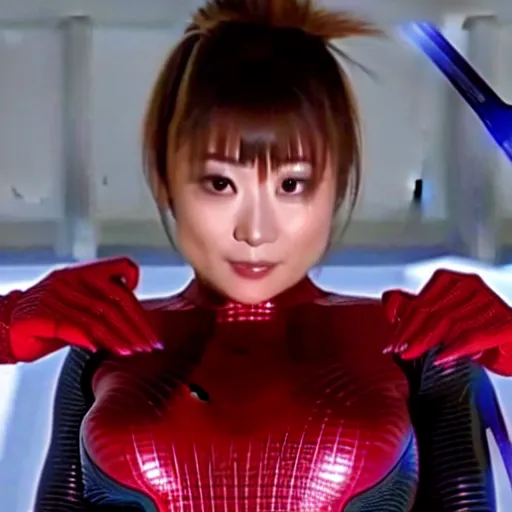 Prompt: Ayumi Hamasaki as spiderwoman , film still, best scene,