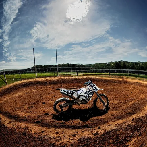 Image similar to a cow standing on a motocross track, fisheye lens