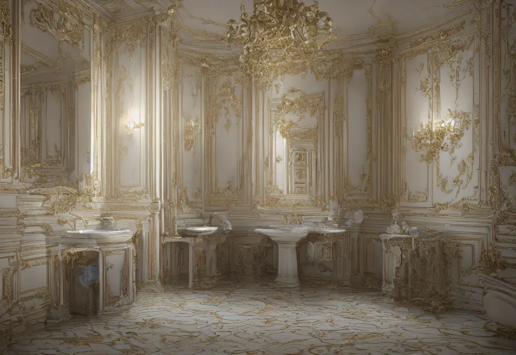 Image similar to kodak portra 4 0 0 photographic and realistic, interior of a bathroom in style of royal palace, detailed, octane render, unreal engine, 4 k, artstation, hyper realistic, wide angle, floor flooded, how a river, objects that float, 3 5 mm, sharp focus, soft light, volumetric light, in the style of gregory crewdson