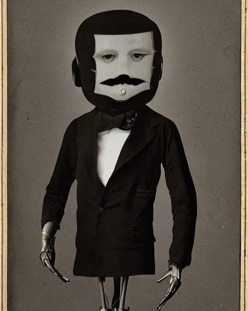 Image similar to portraits of anthropomorphic robot in black tie suit by Louis Daguerre