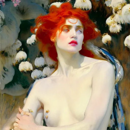 Image similar to redheaded prophetess, fully clothed in white floral chiton, ancient greece, by john singer sargent and gaston bussiere and james jean and grzegorz rutkowski