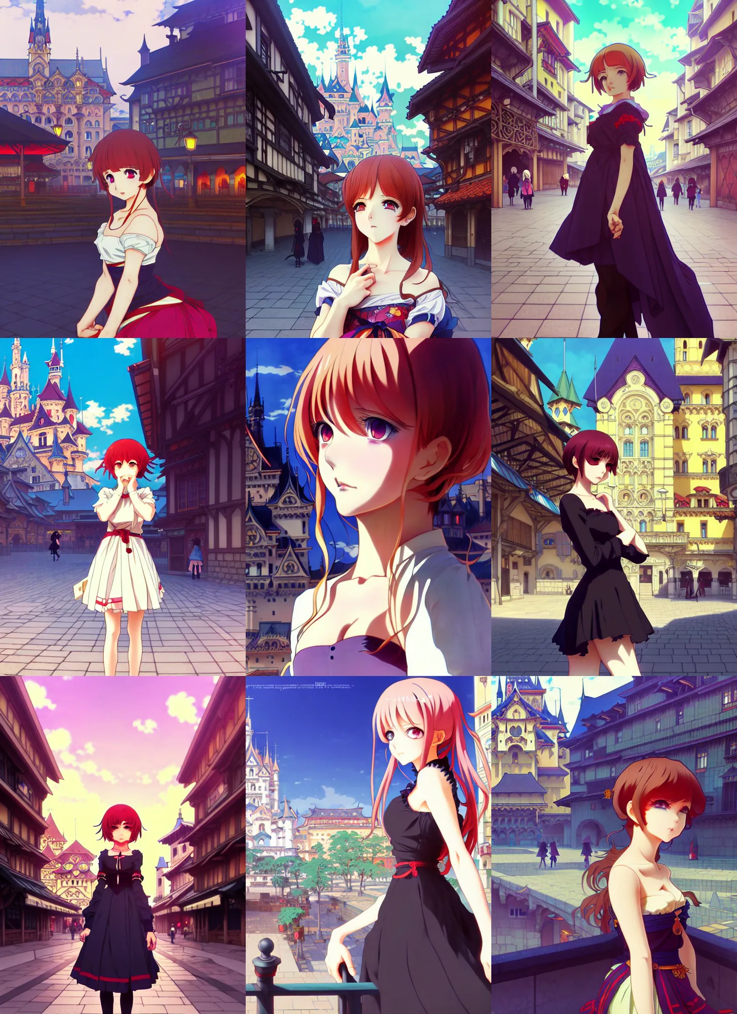 Prompt: anime frames, anime visual, full body portrait of a young woman in the medieval city square looking at the fantasy palace in the distance, cute face by ilya kuvshinov, alphonse mucha, dynamic pose, dynamic perspective, rounded eyes, moody, kyoani, yoh yoshinari