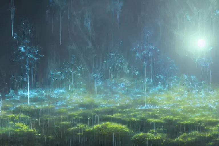 Image similar to scenery artwork, scene beautiful, light essence bioluminescent acrylic and cold nier automata pixiv scenery artwork : nature dream wire vegetation magic density infinite, hypersigil astrology macro seminal dream points of frozen imaginative vaporwave juice fluid dream scenery, high quality astral projection renders, nier automata, concept art