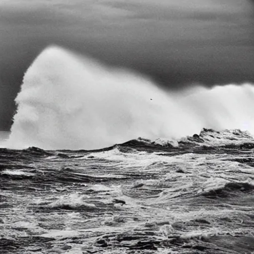 Image similar to photograph of a big incoming wave taken from the promenade, dramatic, looming, hyperrealistic