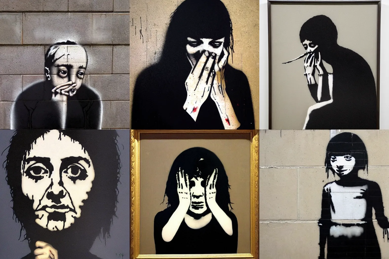 Prompt: a portrait of a tearful person by banksy,