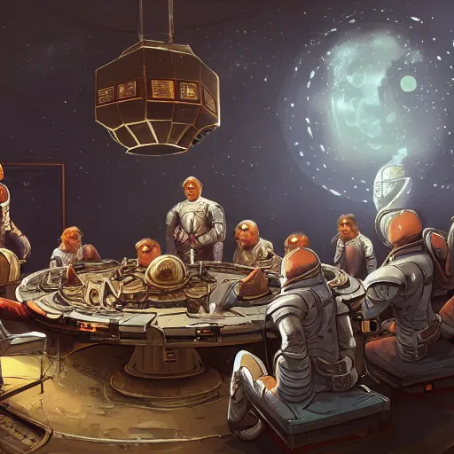 Prompt: astronauts of the round table, king arthur in space concept art, high details, intricate details, cinematic light