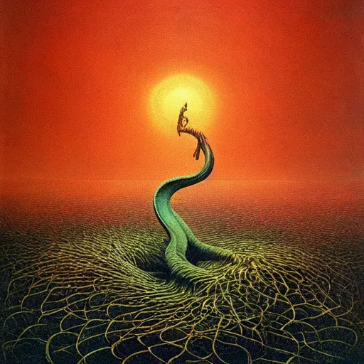 Prompt: an amazing masterpiece of art by Zdzisław Beksiński, 🧙 🐉 🪄