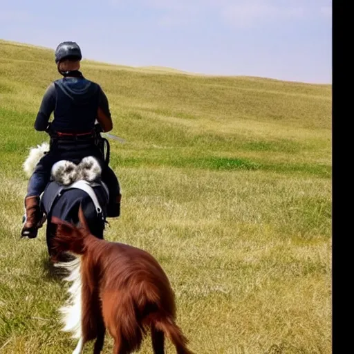 Image similar to a human riding to war on the back of his sheltie dog