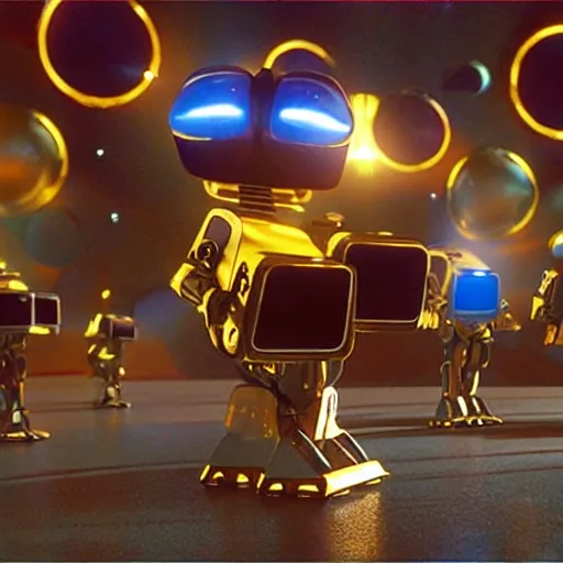 Image similar to 3 d rendered movie still shiny pearlescent robots ( ( cat ) ) in epic space battles and disco dance contests, they vacation on saturn. science fiction blockbuster movie, imax 7 0 mm. bladerunner, wall - e