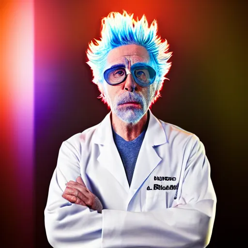 Prompt: portrait of old rick sanchez, lab coat and tee shirt, lens flare, atmosphere, glow, detailed, intricate, full of colour, cinematic lighting, 4 k, hyperrealistic, focused, extreme details, cinematic, masterpiece