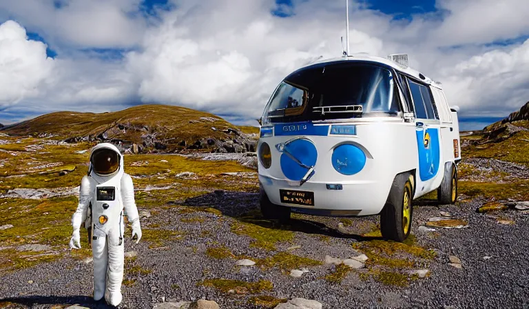 Prompt: tourist astronaut in sci-fi suit, standing in the Isle of Harris, Scotland, a futuristic campervan in the background, wide angle lens, photorealistic