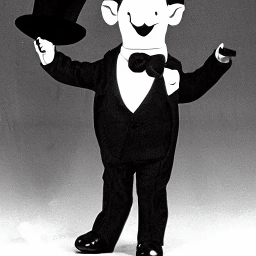 Prompt: black and white elephant photo tap dancing on stage with a top hat