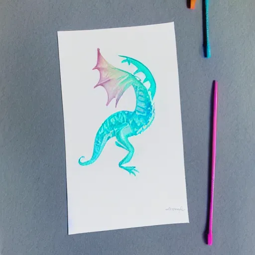 Prompt: mystical pastel dragon, minimalist watercolor on white paper, cute