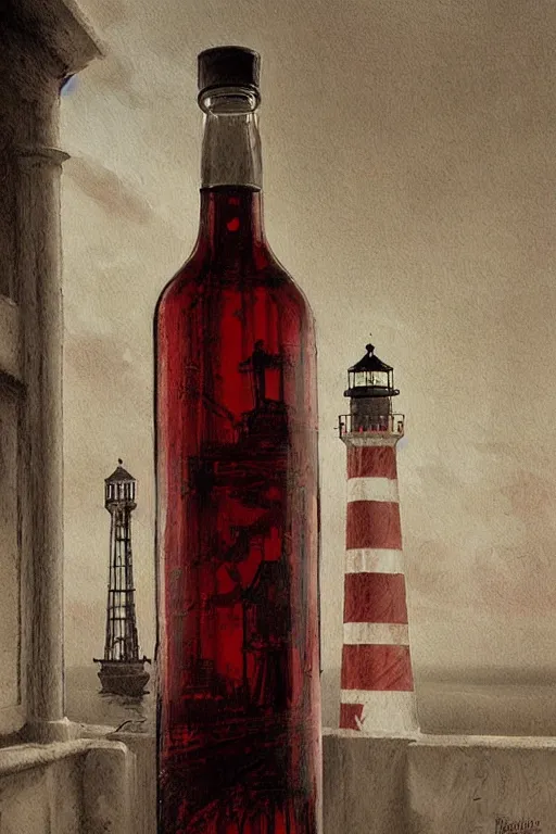 Prompt: a red and white lighthouse inside a clear bottle, very fancy whiskey bottle, masterpiece painting by greg rutkowski and daytoner