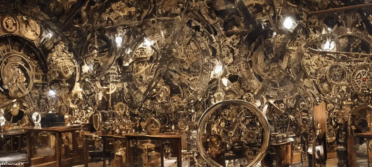 Prompt: A wide view into a Middle Ages Exhibition full of thousands of different detail old mechanical watches mechanisms, huge room of a old museum