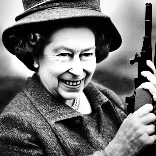 Prompt: Queen Elizabeth II holding a gun while in WWII trenches, highly detailed, high quality, HD, 4k, 8k, Canon 300mm, professional photographer, 40mp, lifelike, top-rated, award winning, realistic, sharp, no blur, edited, corrected, trending