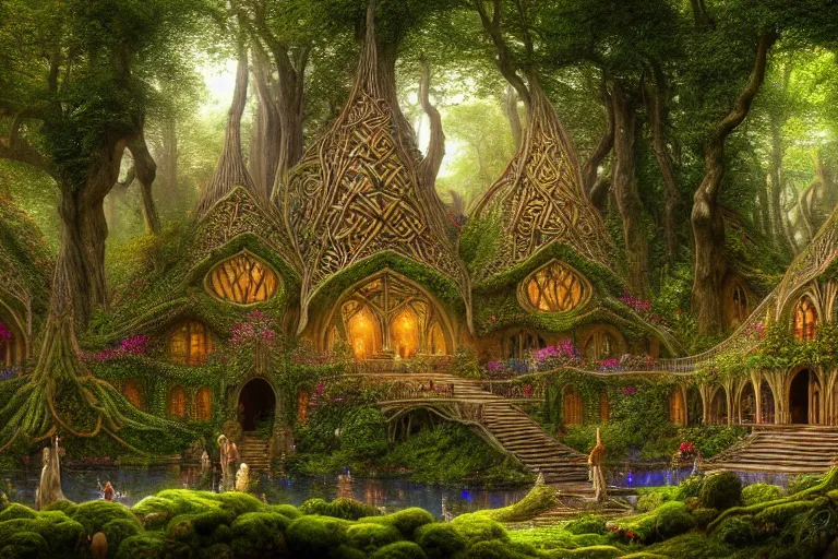 Prompt: a beautiful and highly detailed digital painting of an elven palace in a beautiful garden in a mystical forest, lothlorien, psychedelic patterns, celtic designs, intricate details, epic scale, hyperdetailed, hyperrealism,, artstation, cgsociety, 8 k, sharp focus, by caspar friedrich, albert bierstadt, james gurney, brian froud,