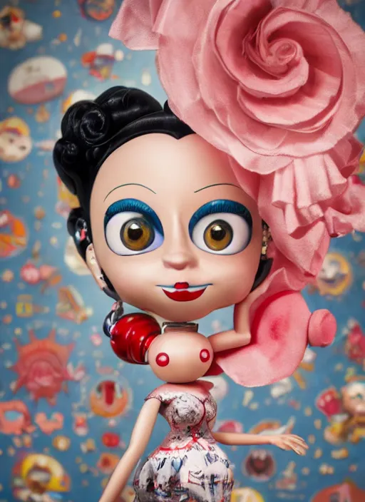 Image similar to closeup of a tin toy betty boop, depth of field, zeiss lens, detailed, symmetrical, centered, fashion photoshoot, by nicoletta ceccoli, mark ryden, lostfish, earl nore, hyung tae, frank frazetta, breathtaking, 8 k resolution, extremely detailed, beautiful, establishing shot, artistic, hyperrealistic, octane render