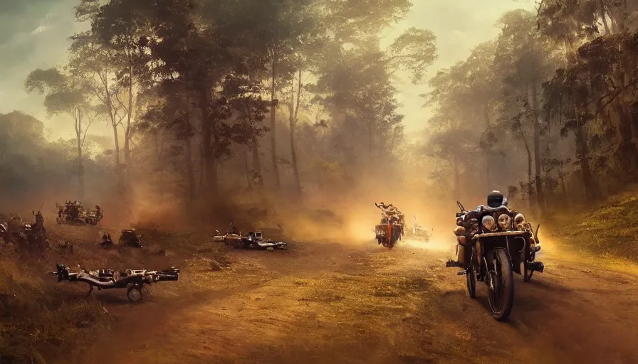 Image similar to a british officer driving a motorcycle at high speed in 1921 in kerala forest road, local people chasing to attack, furious action scene, chase, an epic fantasy, dramatic lighting, cinematic, establishing shot, extremely high detail, photorealistic, cinematic lighting, artstation, by simon stalenhag, horizon forbidden west