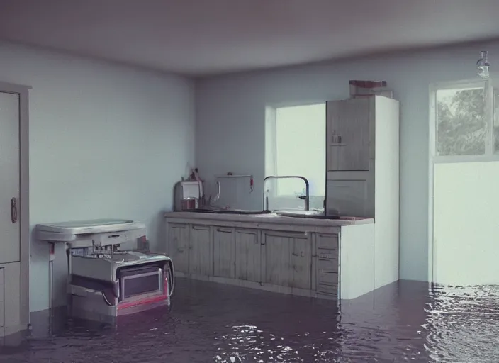 Image similar to kodak portra 4 0 0 photographic and realistic, 7 0's kitchen, detailed, octane render, unreal engine, 4 k, artstation, hyper realistic, wide angle, floor flooded, how a river, antigas mask, objects that float, 3 5 mm, sharp focus, soft light, volumetric light fog, in the style of gregory crewdson