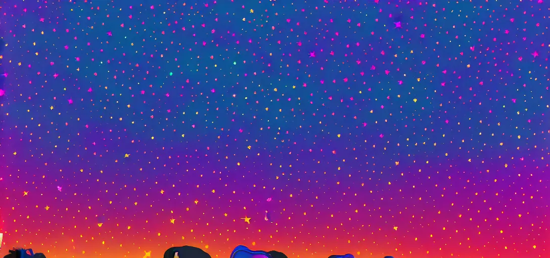 Image similar to A psychedelic midnight sky, with stars that form a constellation of Mufasa from lion king in the sky in the style of Tara McPherson Artstation HD, 8k, Surrealistic digital artwork,