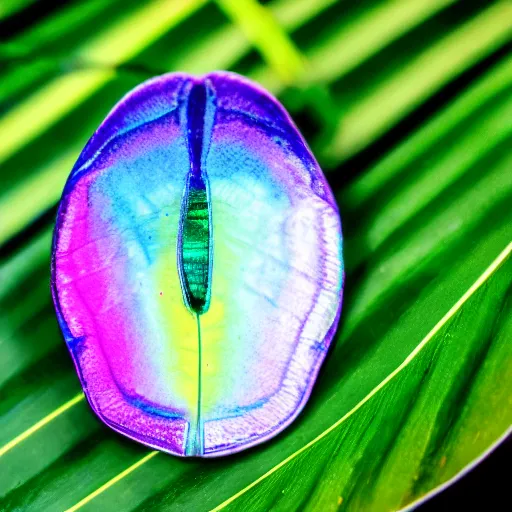 Image similar to an iridiscent scarab on top of a monstera leaf, close-up, 35mm, f1.8, realistic