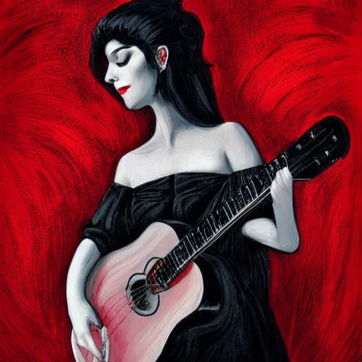Prompt: black white red realistic painting on black paper, folkloric illustration , the beautiful female guitar player , tarot by Andreas Rocha