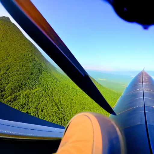 Prompt: pov on the back of a flying bird toward a plane in front